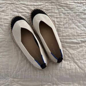 Rothy's Cream Canvas Espadrille Flats with Black Toe and Blue Pull Tab